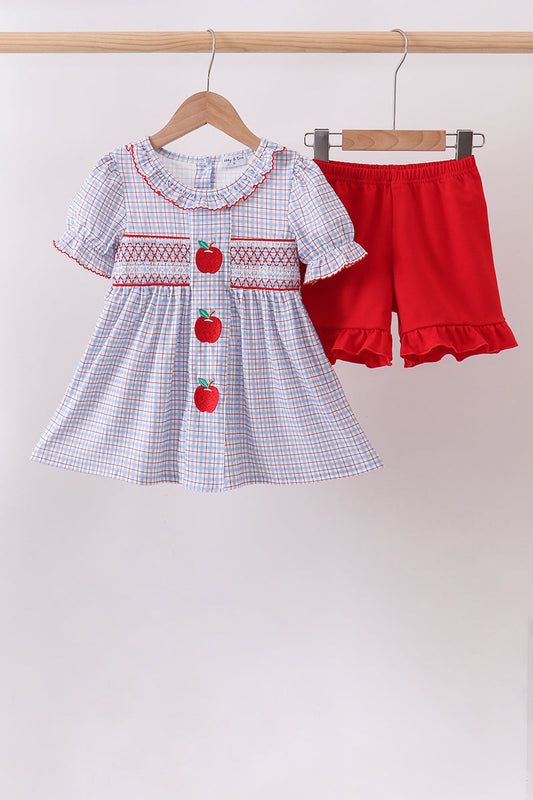 Blue Apple Embroidered Plaid Ruffle Shorts Set