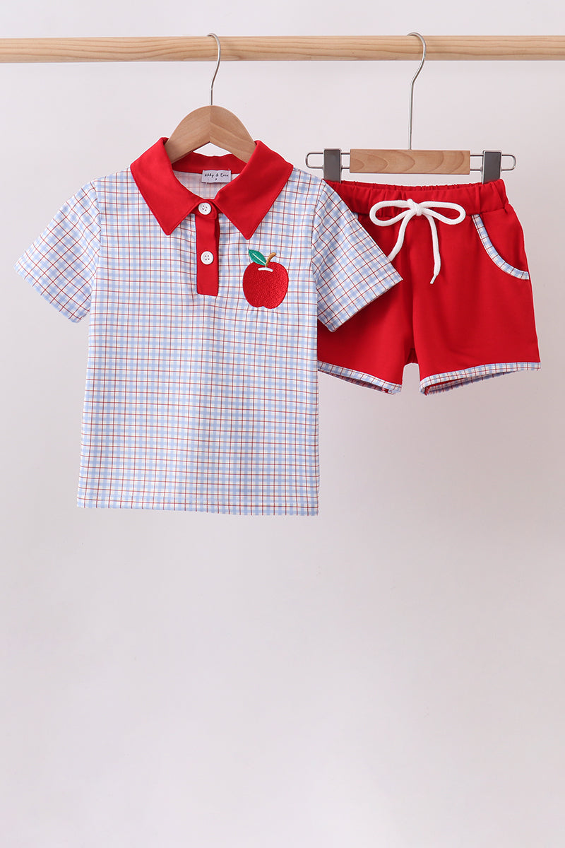Blue Apple Embroidered Plaid Shorts Set