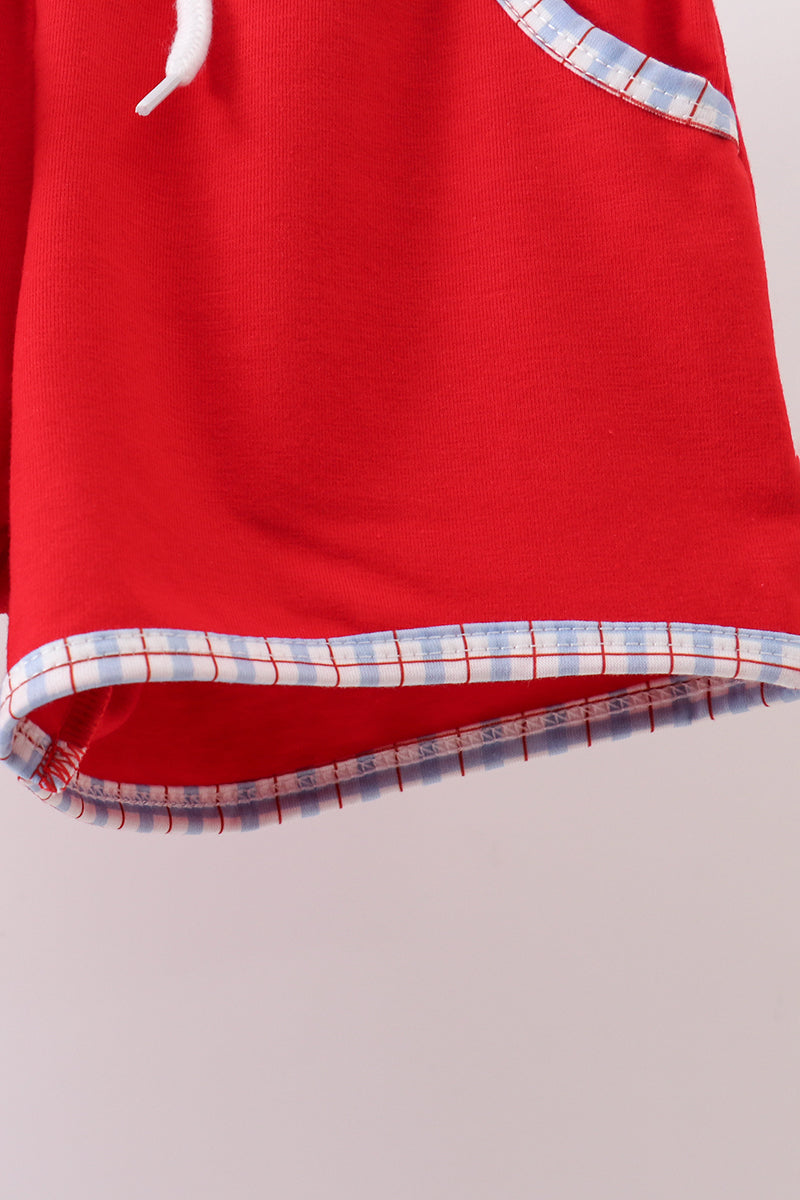 Blue Apple Embroidered Plaid Shorts Set