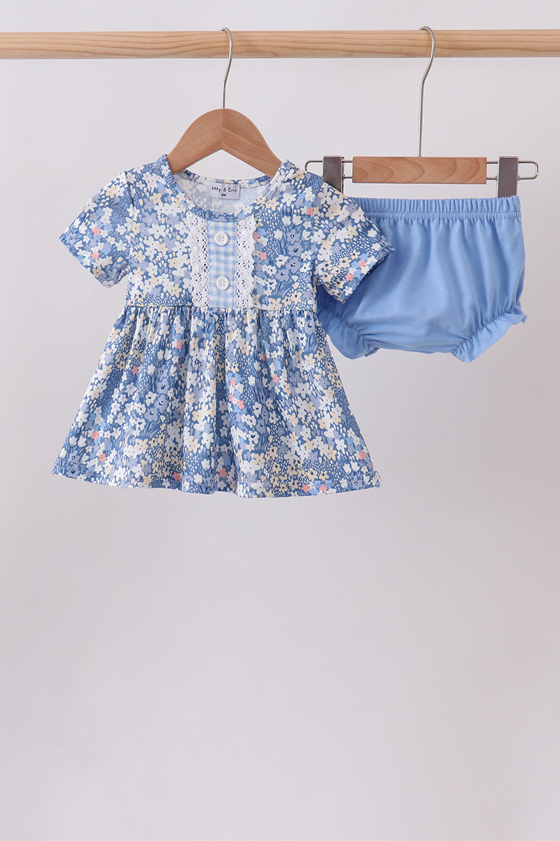 Blue Floral Print Bloomer Set