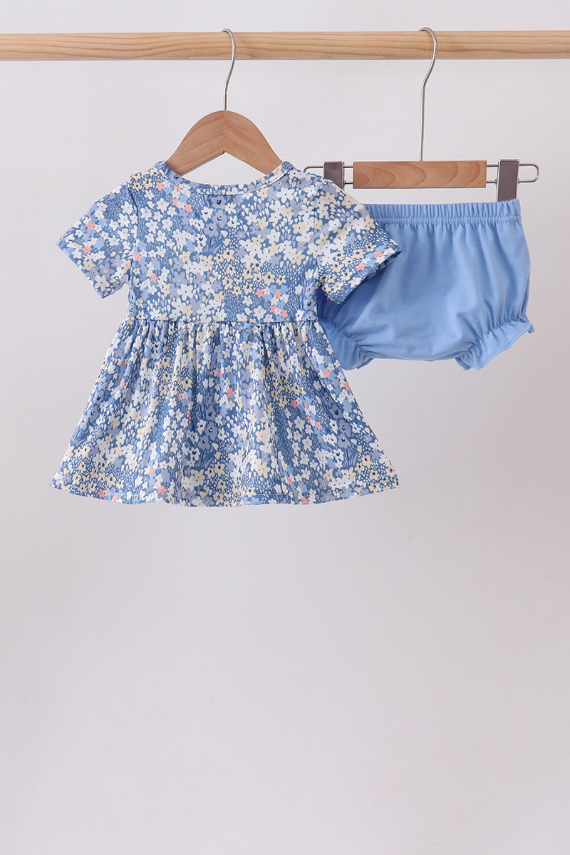 Blue Floral Print Bloomer Set