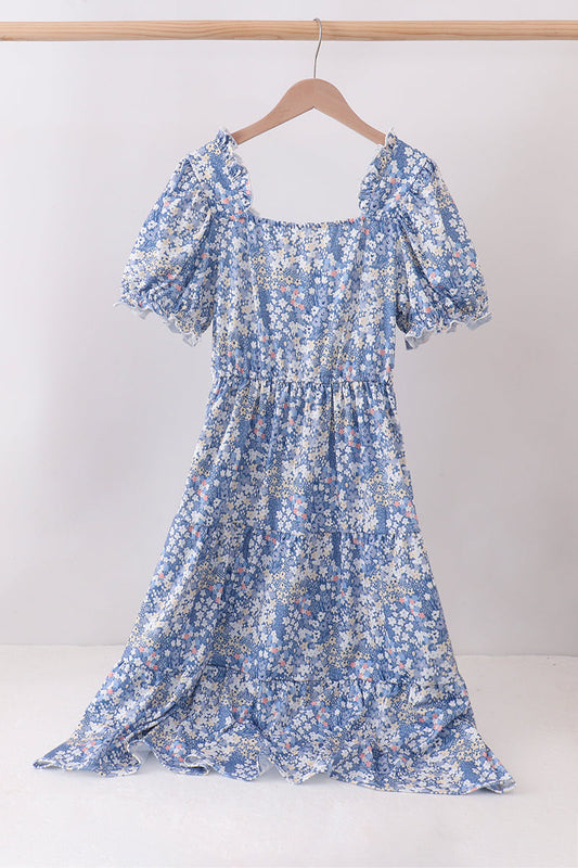 Blue Floral Print Mom Dress