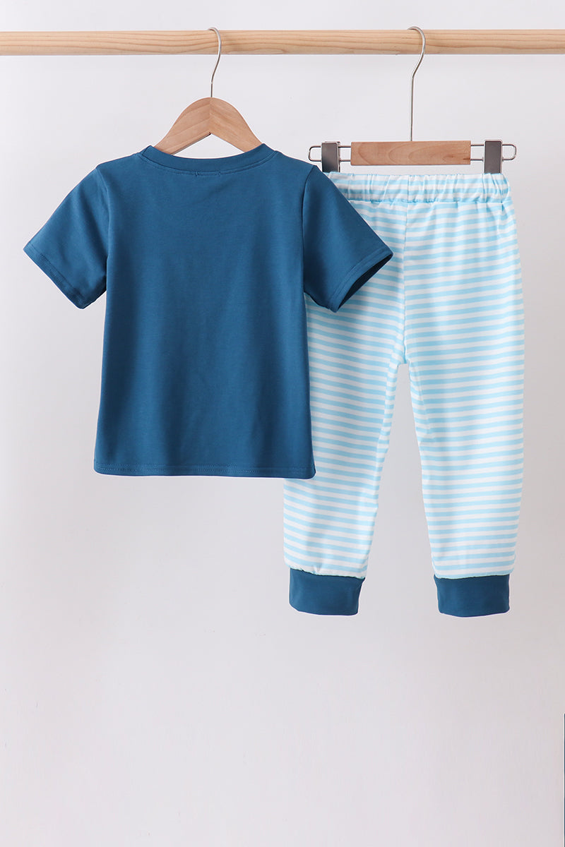 Teal Apple Embroidered Stripe Pants Set
