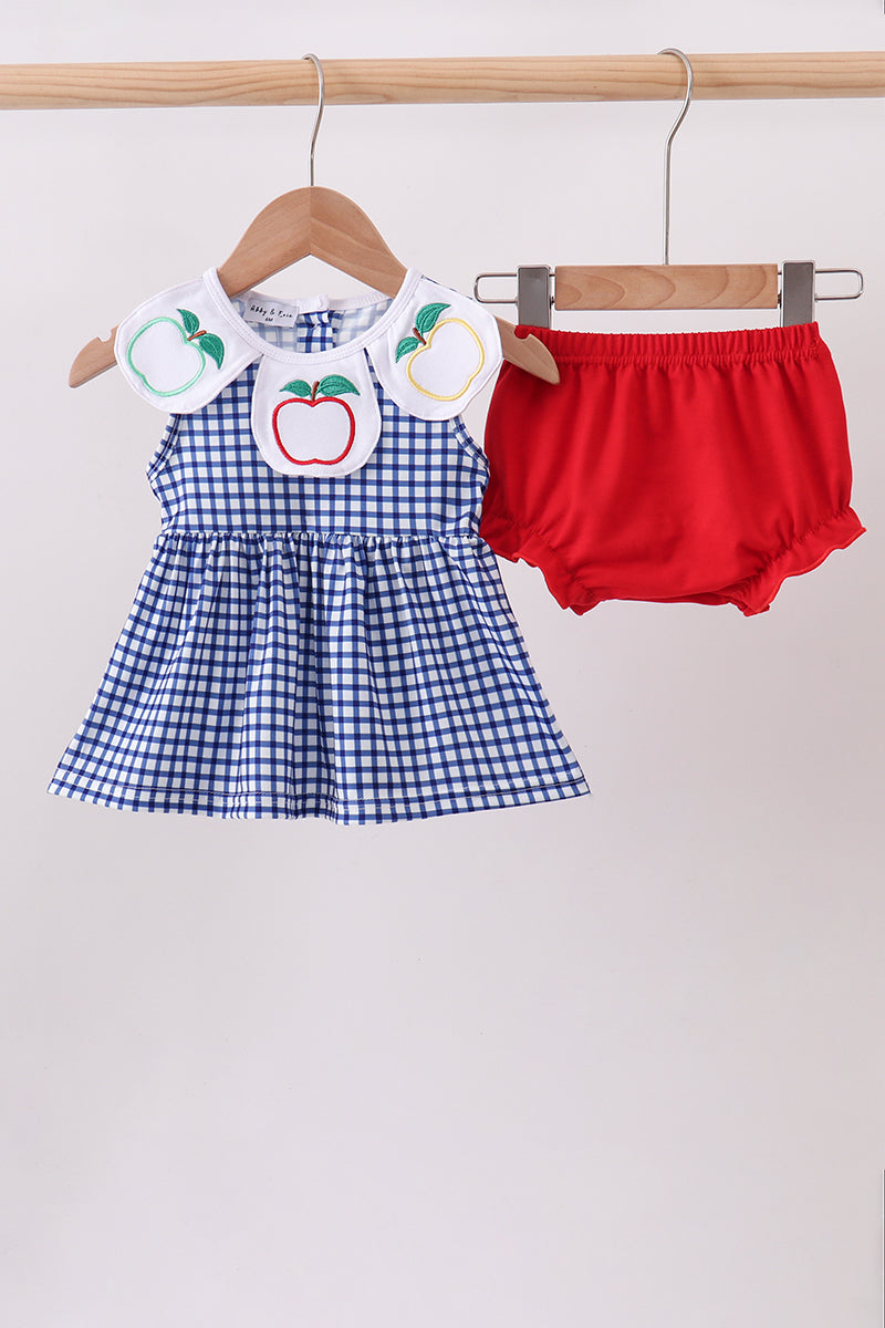 Navy Apple Embroidered Gingham Bloomer Set