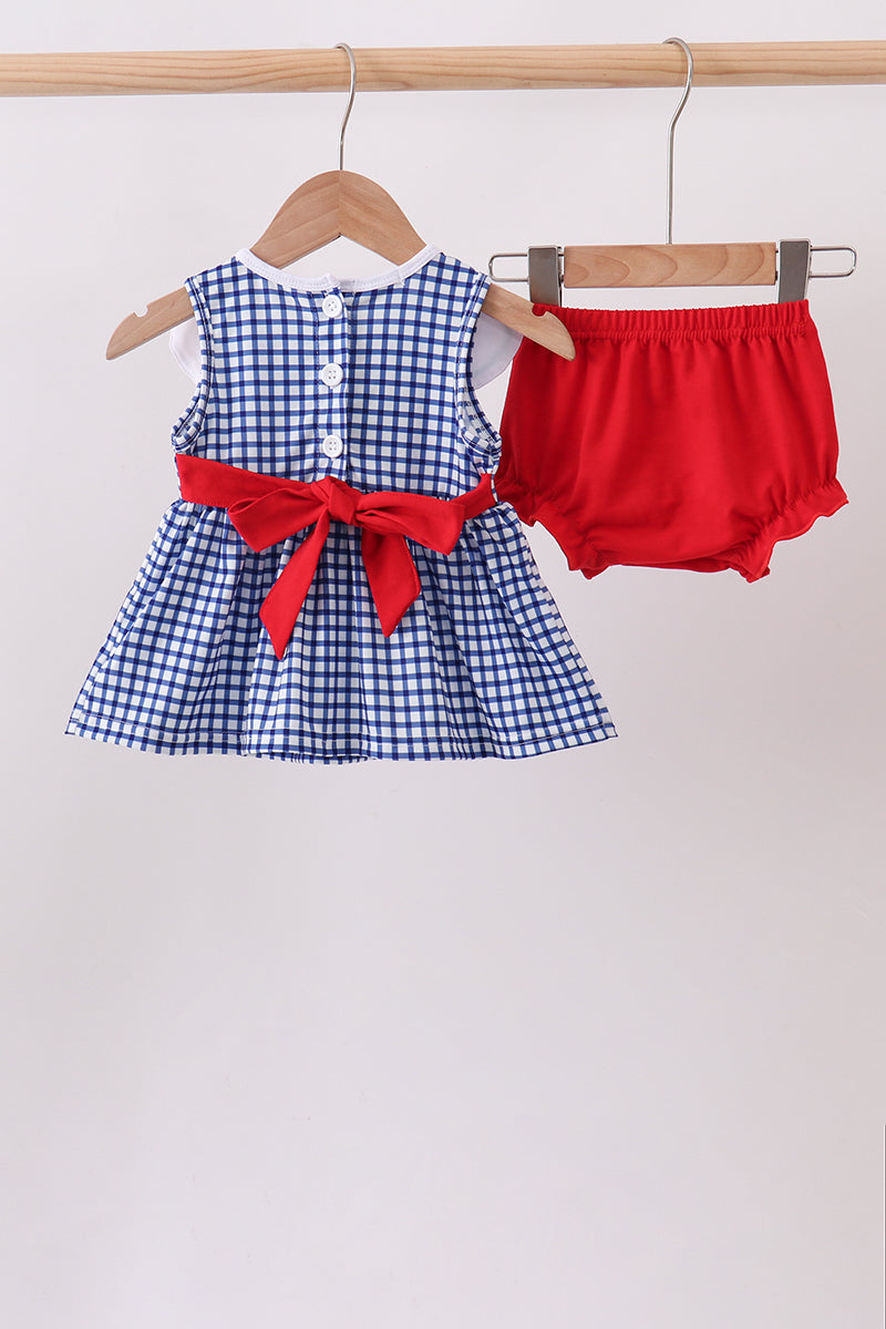 Navy Apple Embroidered Gingham Bloomer Set
