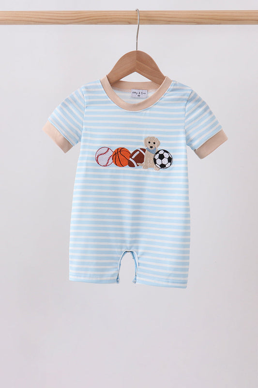 Blue Puppy Ball Embroidered Stripe Romper