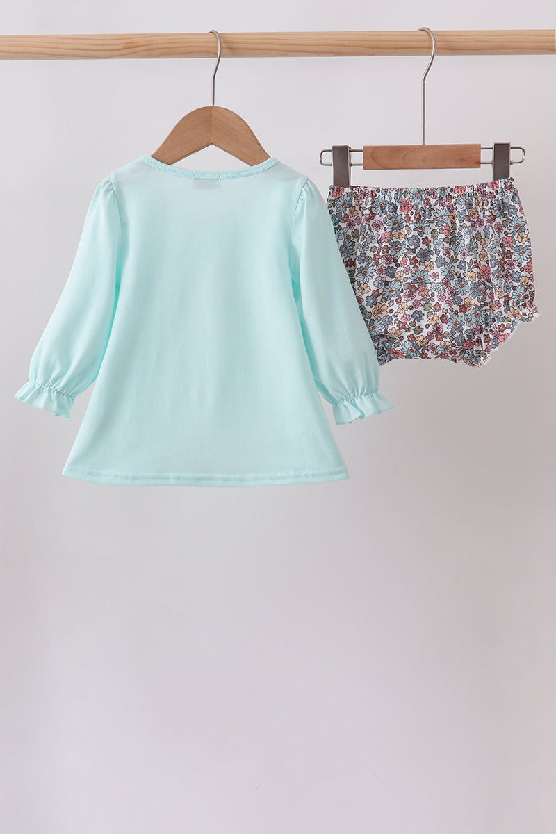 Blue Floral Bow Applique Bloomer Set
