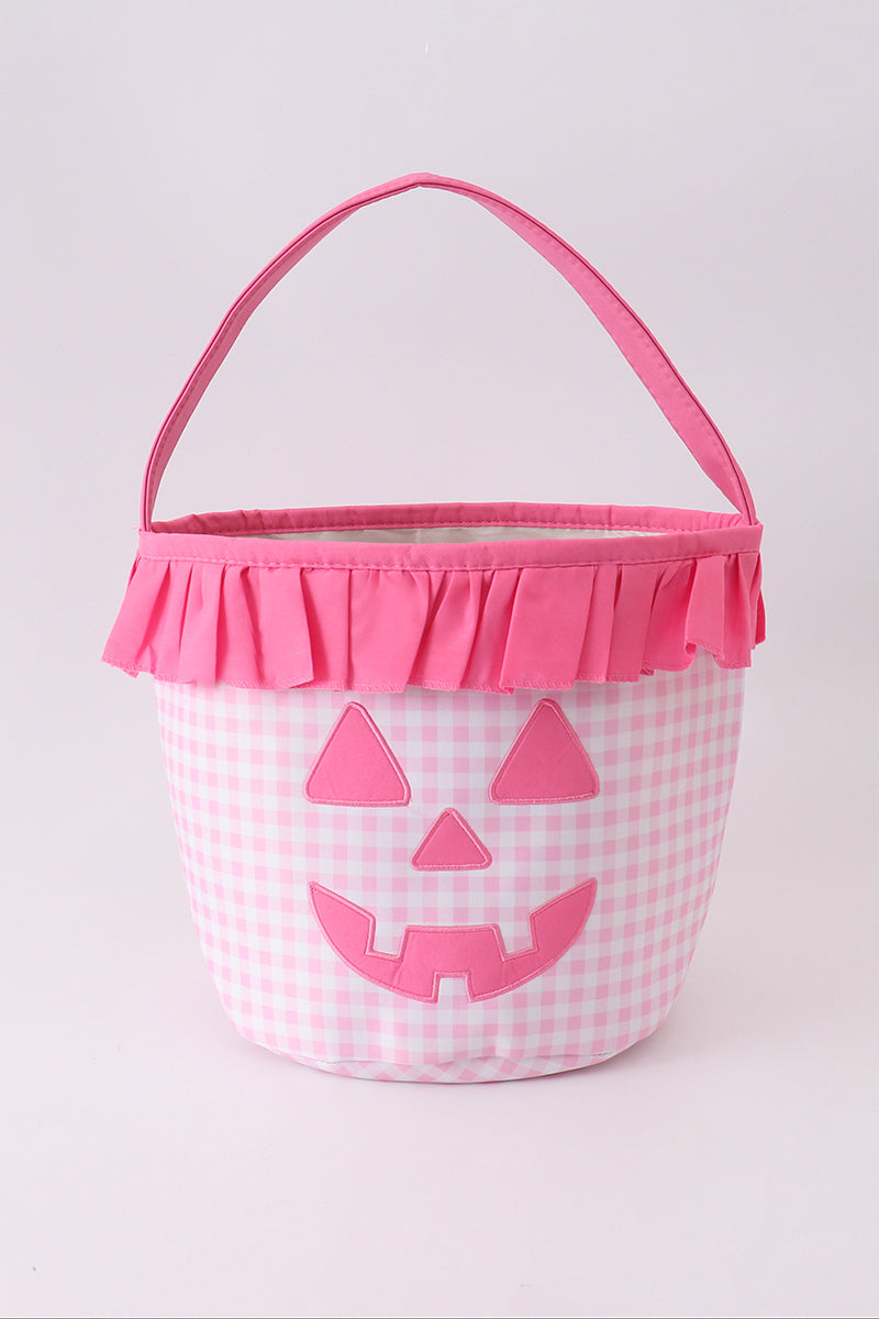 Pink Pumpkin Applique Gingham Ruffle Basket