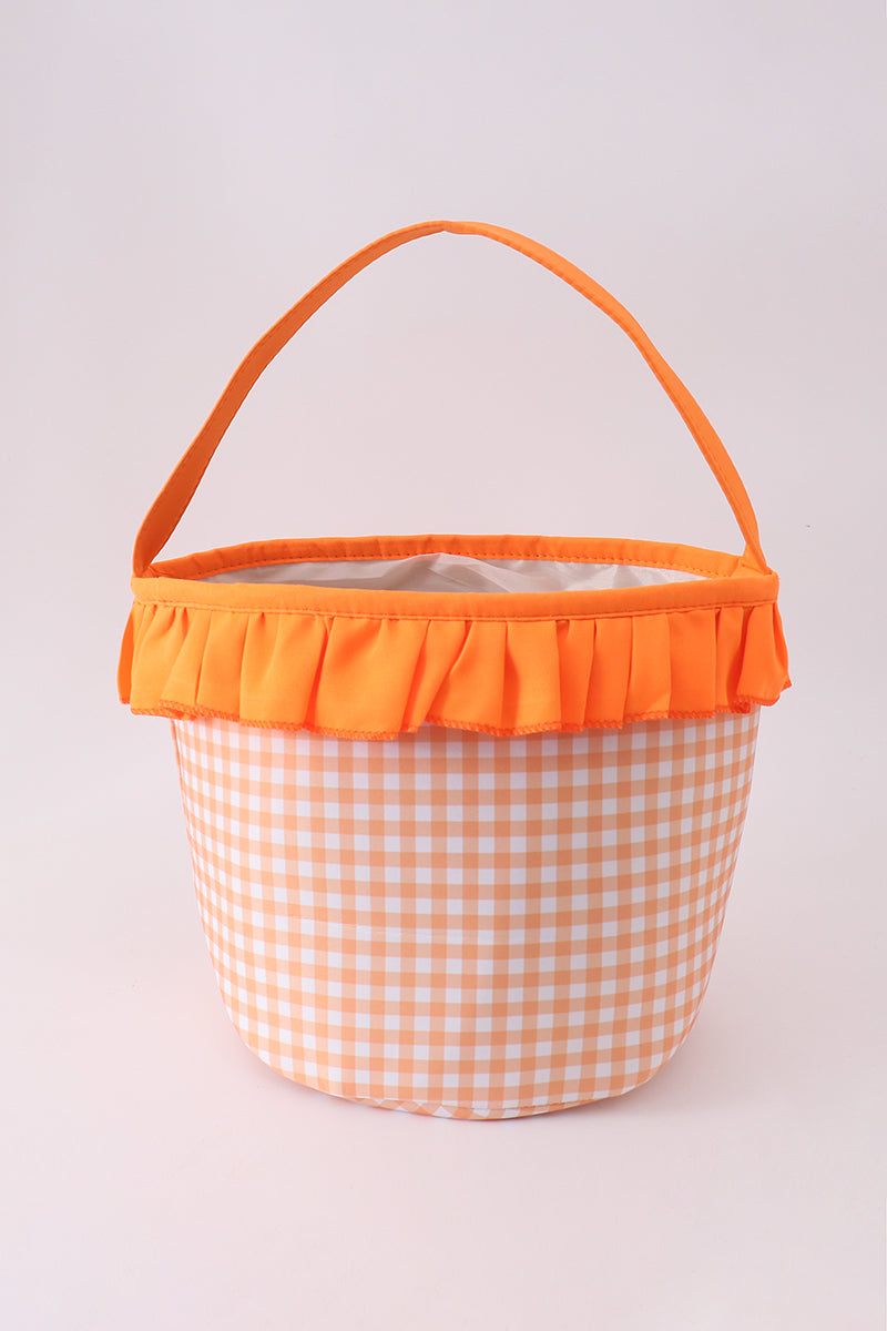 Orange Pumpkin Applique Gingham Ruffle Basket