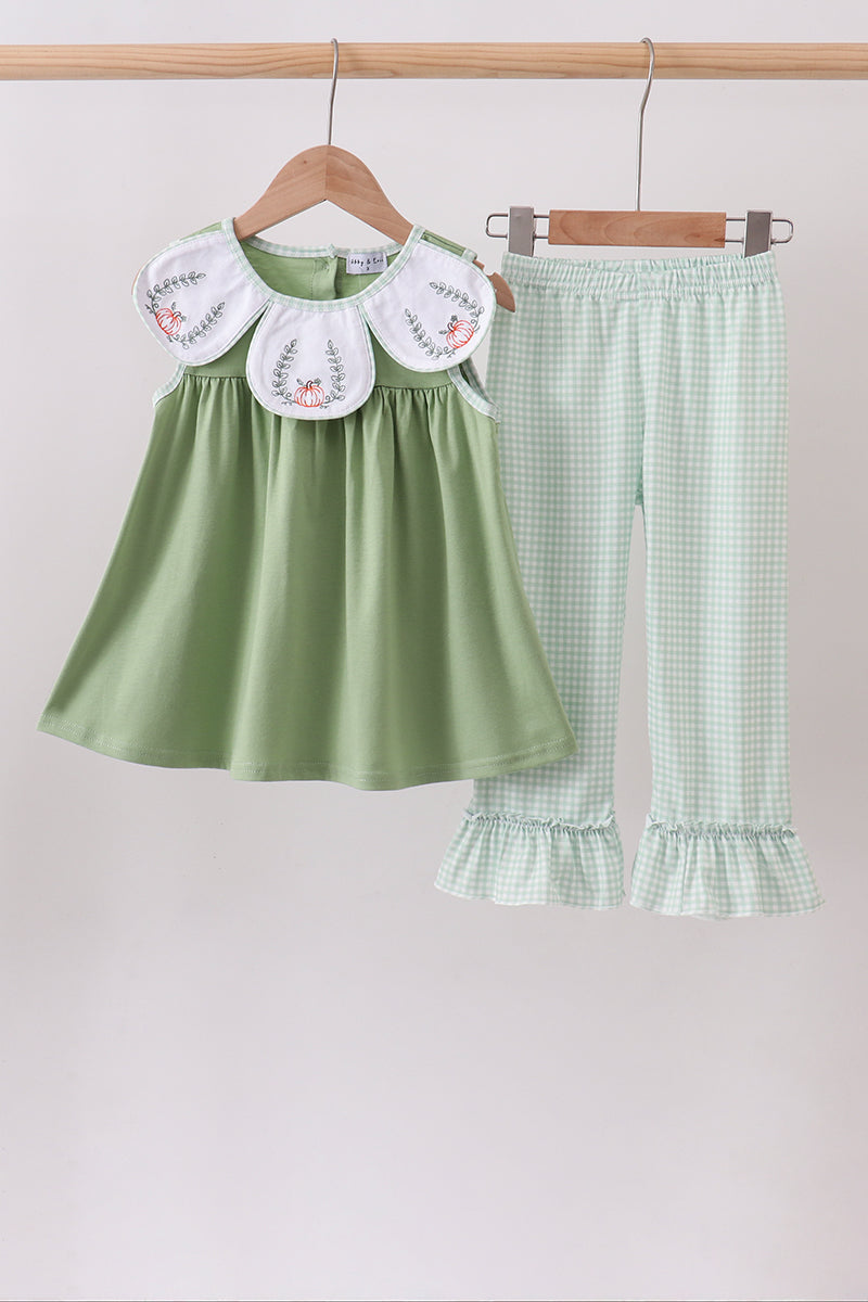 Sage Pumpkin Embroidered Ruffle Pants Set