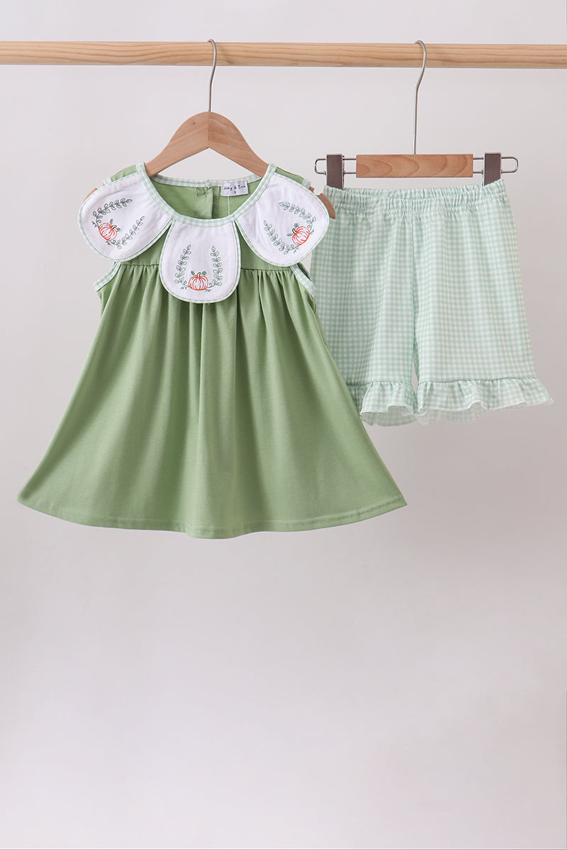 Sage Pumpkin Embroidered Ruffle Shorts Set