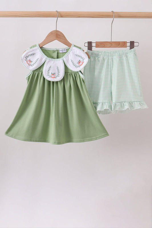 Sage Pumpkin Embroidered Ruffle Shorts Set