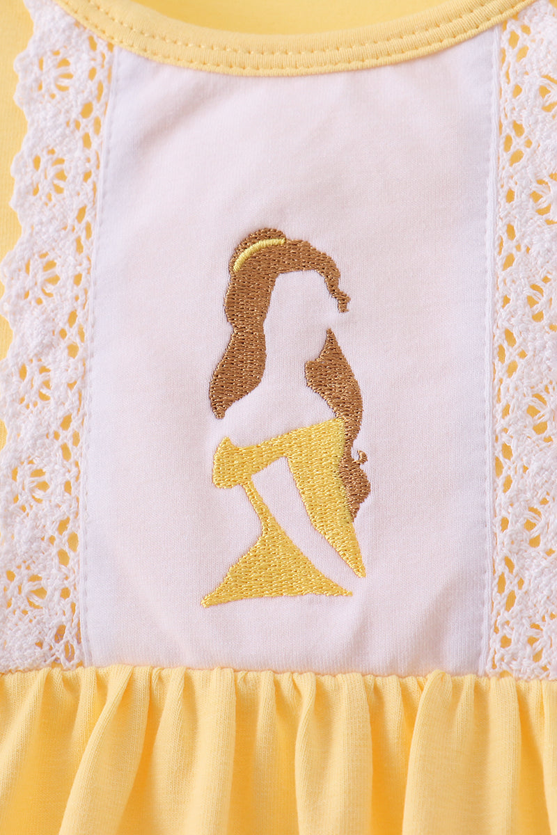 Mustard character embroidery ruffle dress