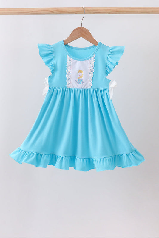Blue character embroidery ruffle dress