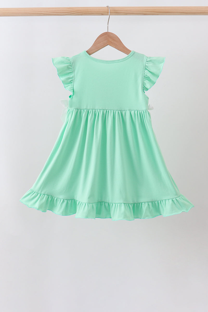 Green character embroidery ruffle dress