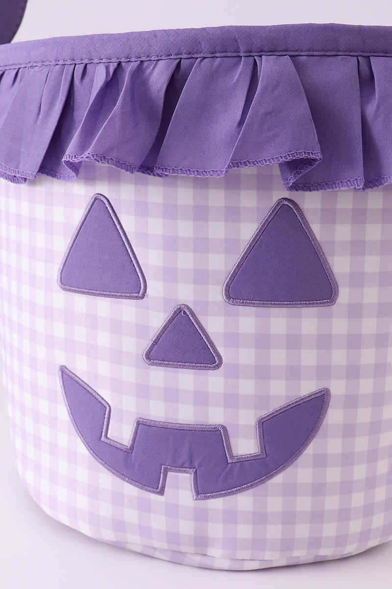 Purple Pumpkin Applique Gingham Ruffle Basket