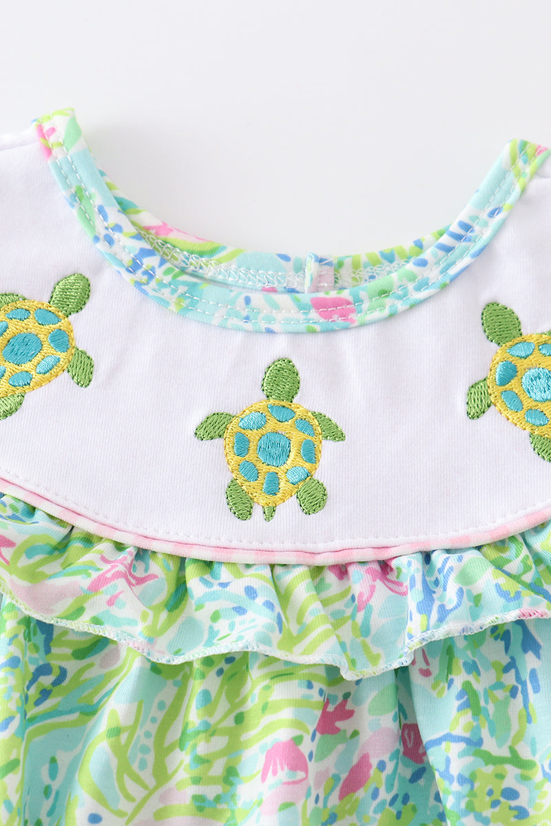 Green Turtle Embroidered Ruffle Bubble