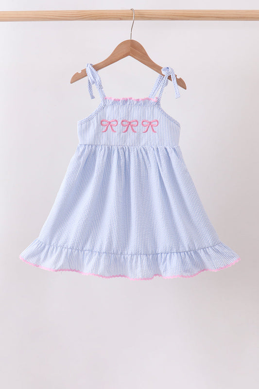 Blue Bow Embroidered Stripe Ruffle Dress