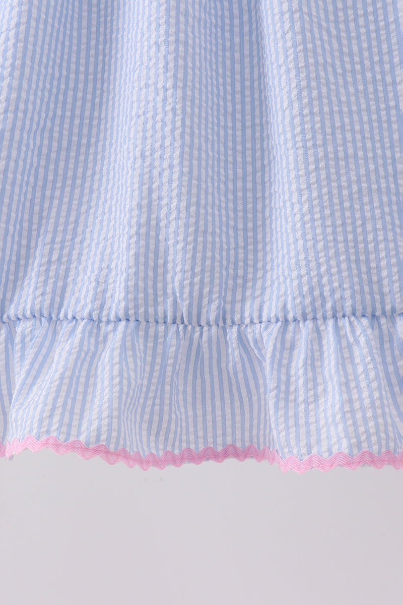 Blue Bow Embroidered Stripe Ruffle Dress