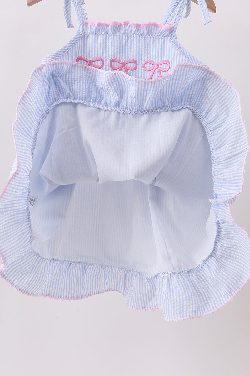 Blue Bow Embroidered Stripe Ruffle Dress