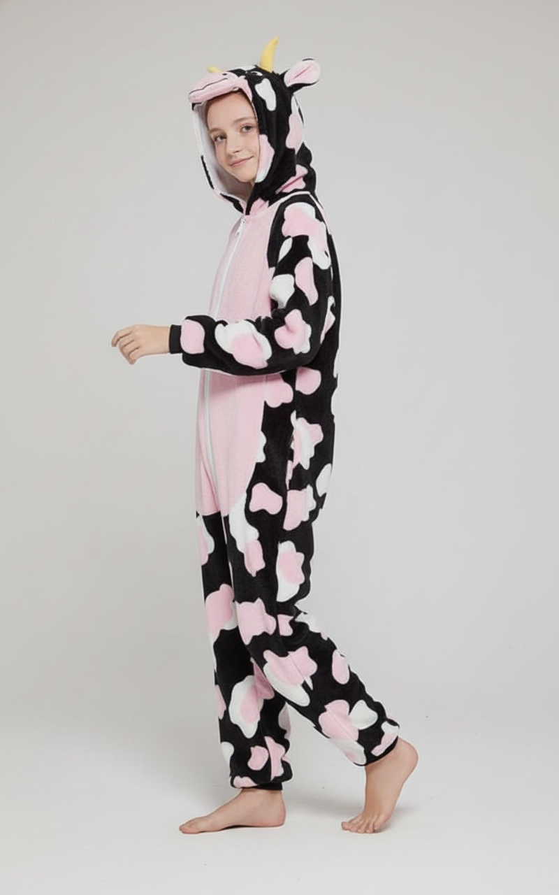 Person wearing a cow-themed onesie with pink hearts on a white background