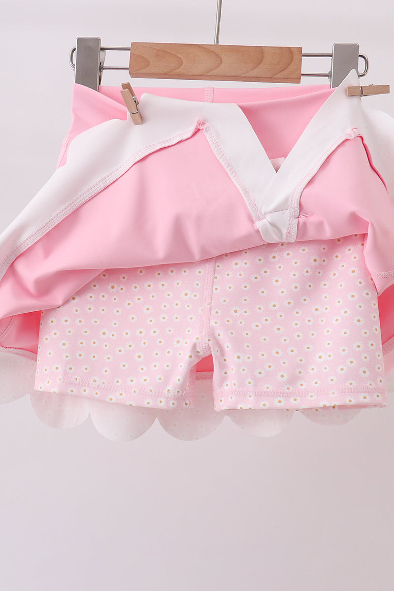 Pink scalloped active skorts set