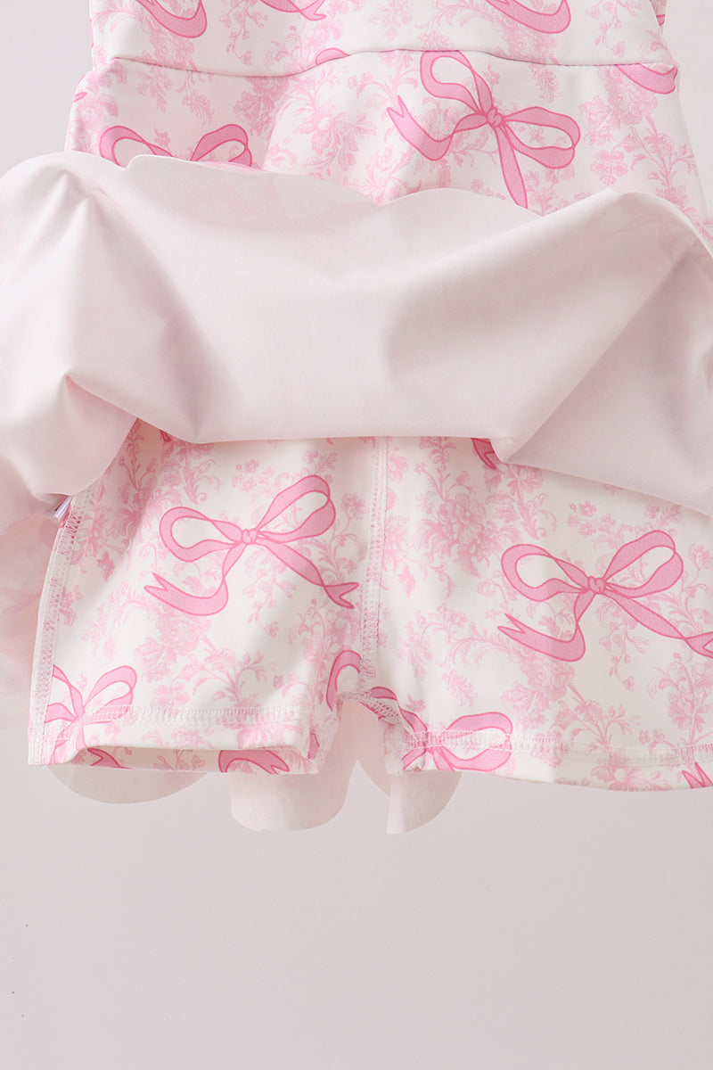 Pink Performance Bow Print Scalloped Dress