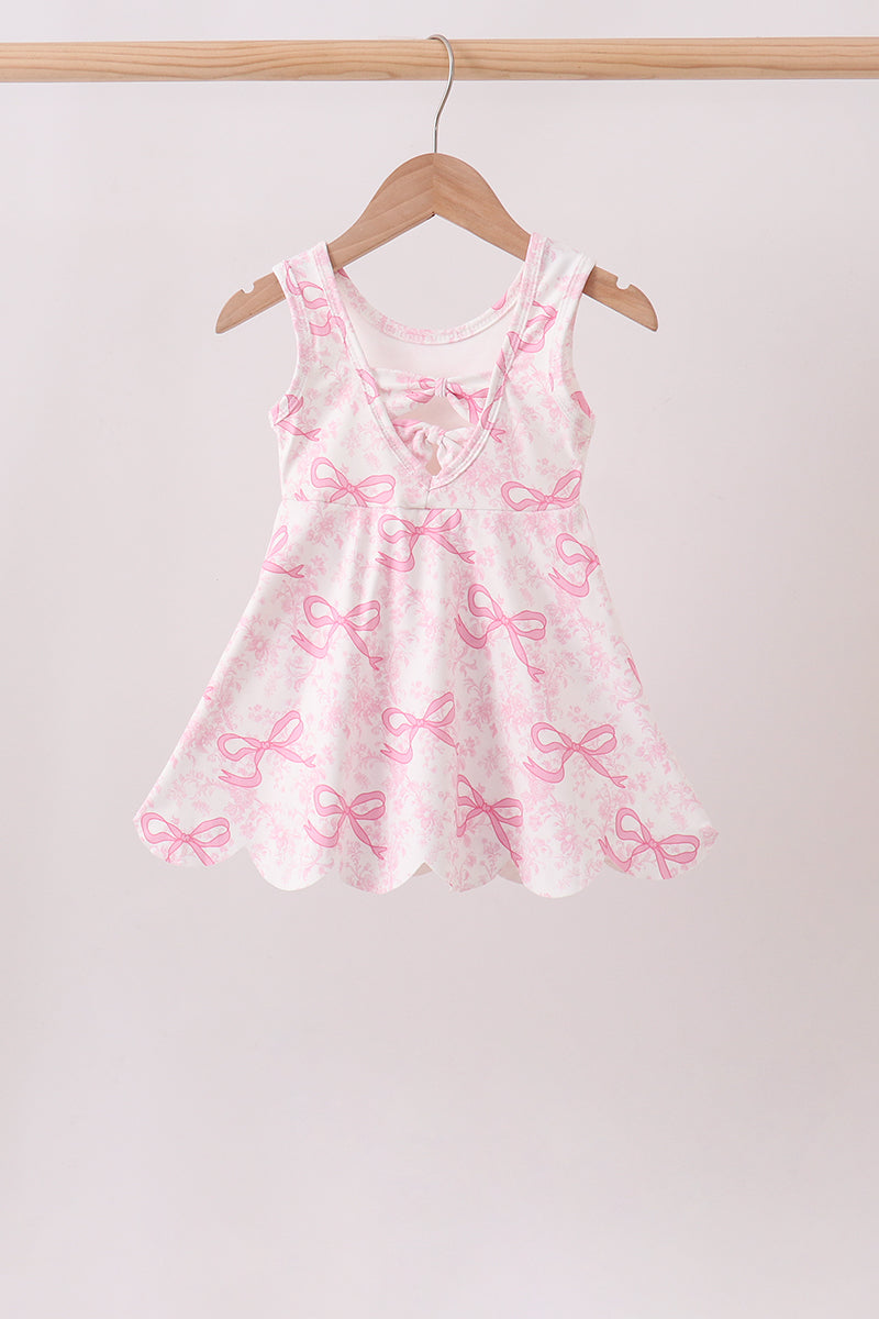 Pink Performance Bow Print Scalloped Dress