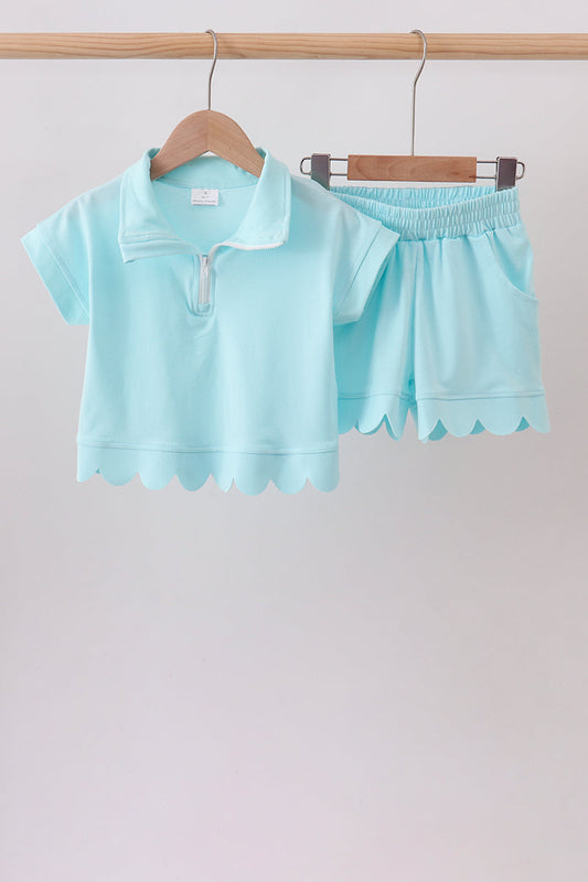 Light blue scalloped zipper shorts set
