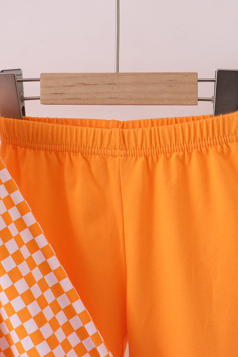 Orange Tennessee puppy bow embroidery checkered ruffle pants set