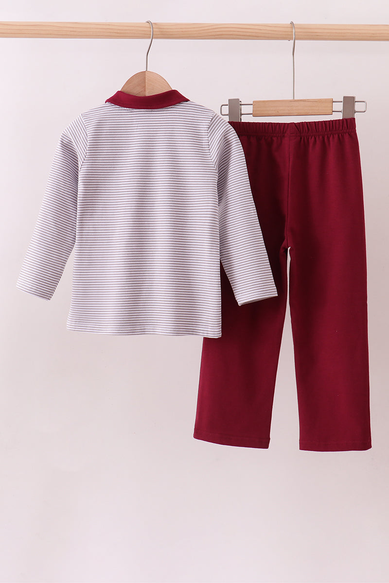 Premium Maroon Mississippi stripe bulldog embroidery pants set