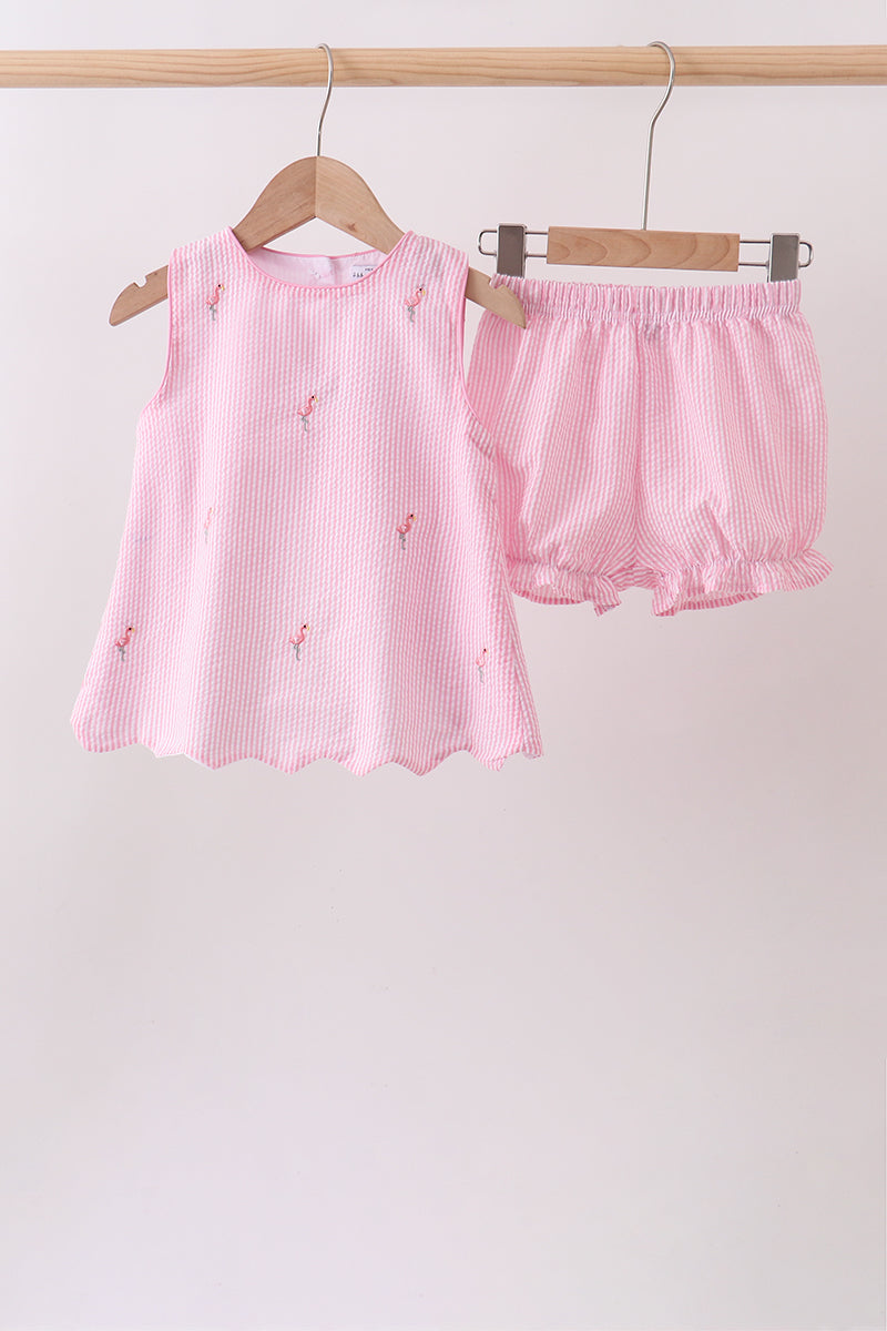 Pink stripe seersucker flamingo embroidery scalloped bloomer set