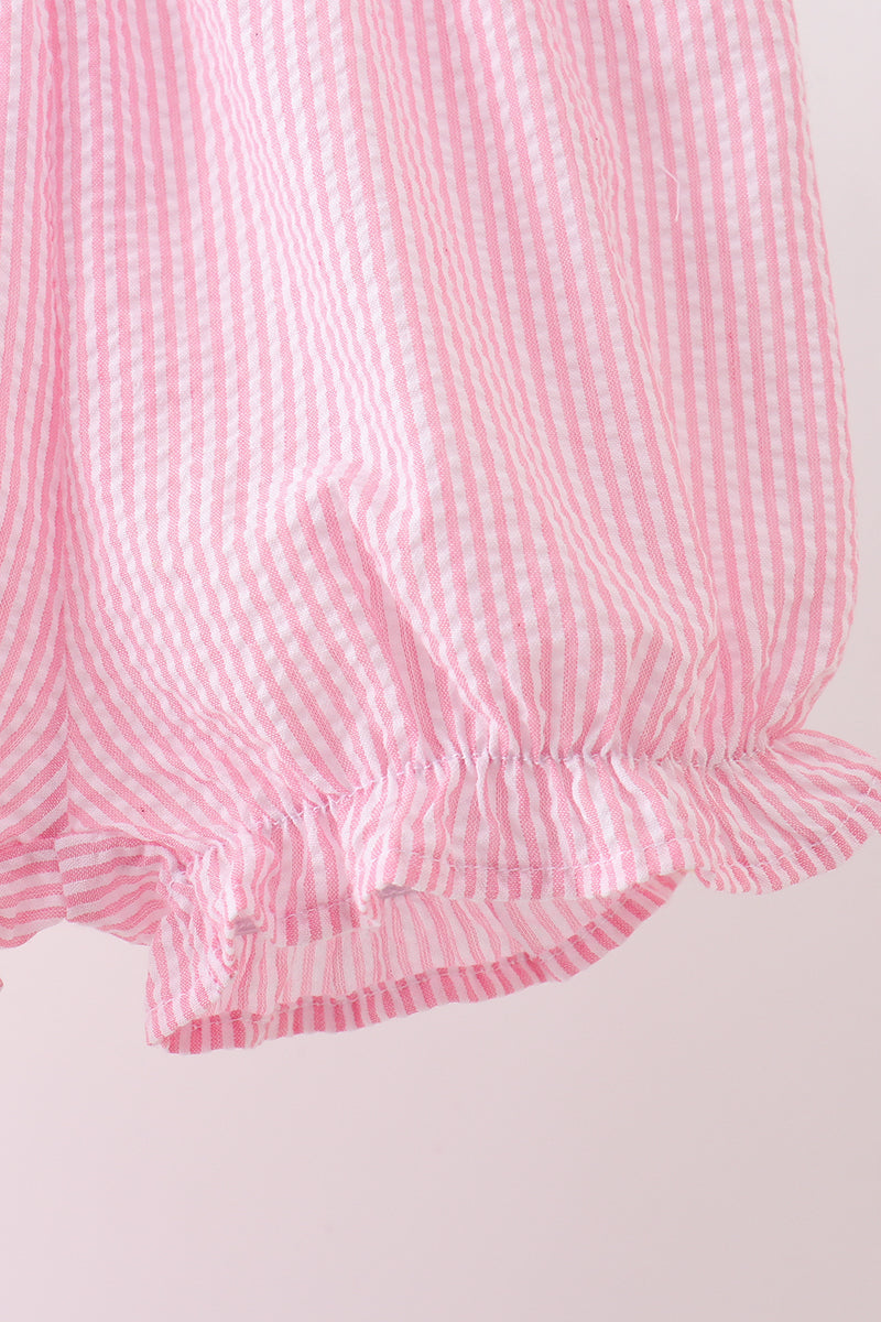 Pink stripe seersucker flamingo embroidery scalloped bloomer set