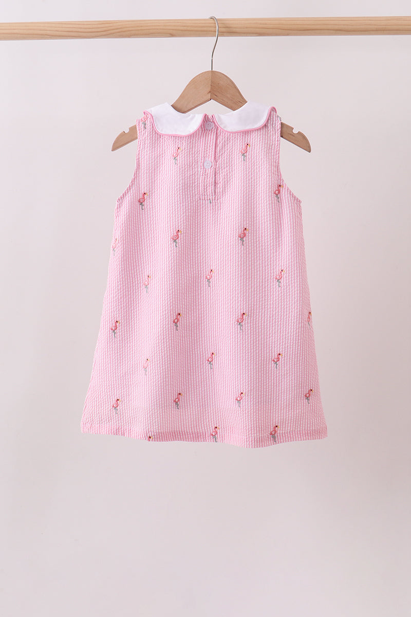Pink stripe seersucker flamingo dress