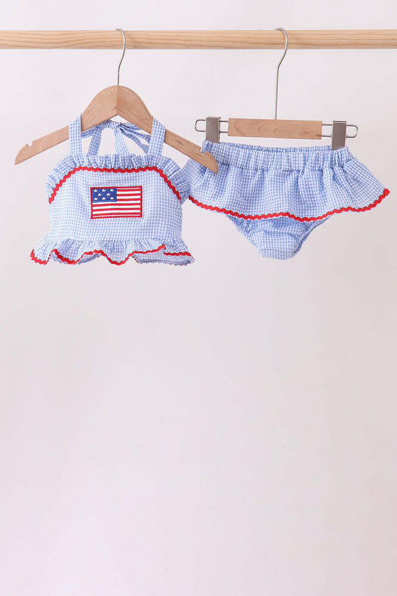 Blue flag applique gingham ruffle 2pc swimsuit