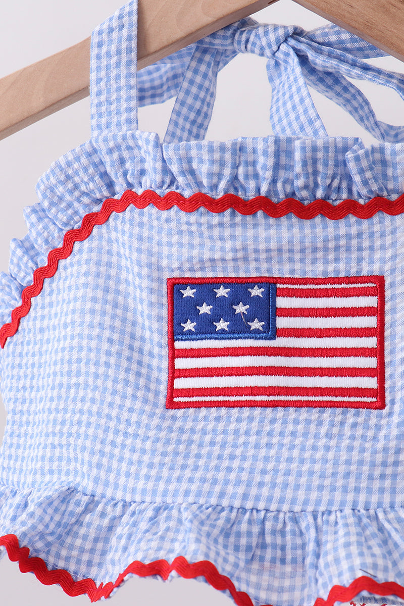 Blue flag applique gingham ruffle 2pc swimsuit