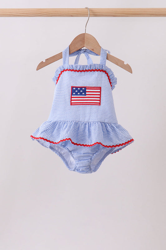 Blue flag applique gingham ruffle one-piece swimsuit