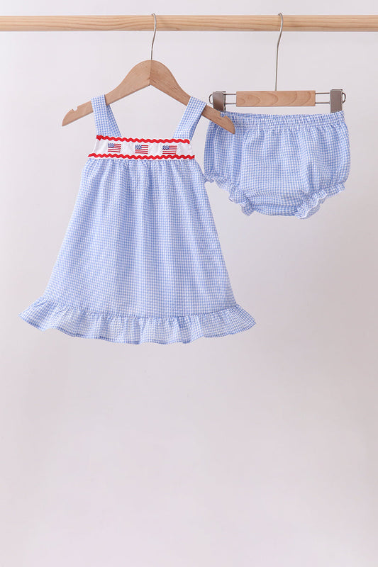 Blue flag embroidery ruffle bloomer set