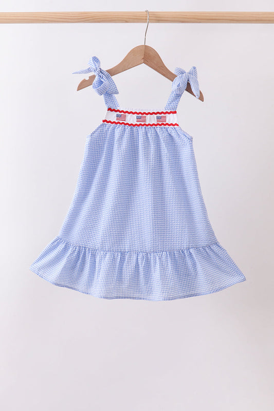 Blue flag embroidery ruffle dress