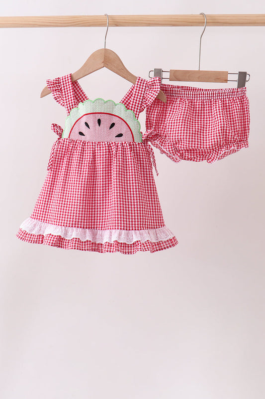 Red watermelon ruffle gingham bloomer set