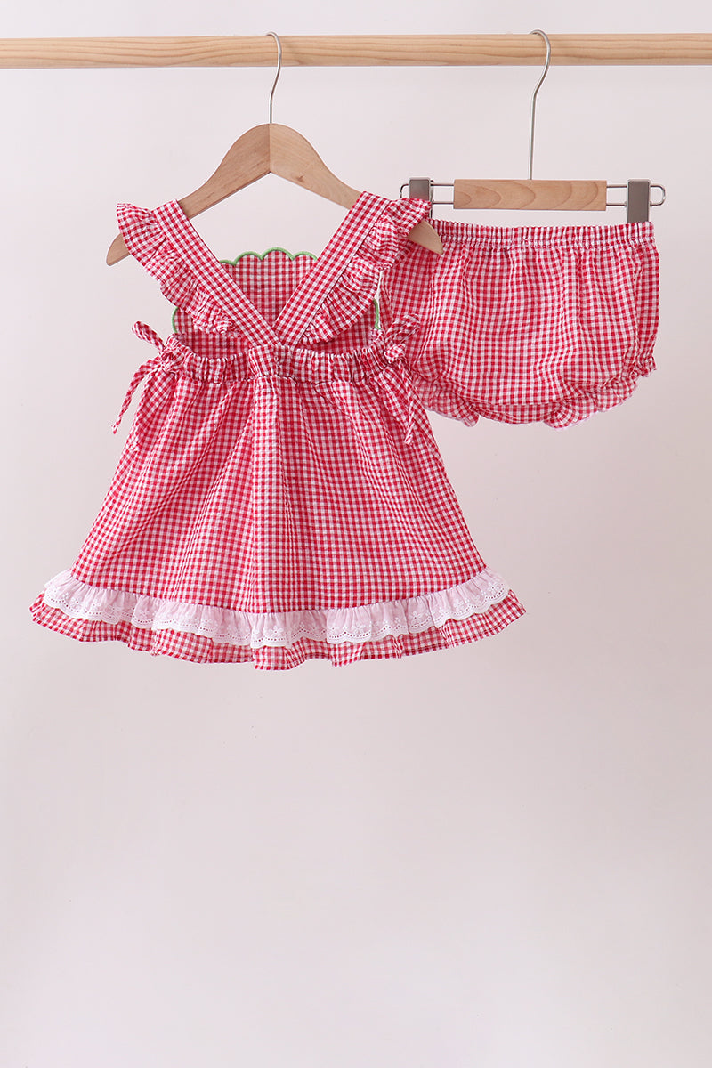 Red watermelon ruffle gingham bloomer set