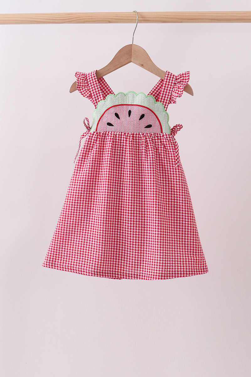 Red watermelon ruffle gingham dress