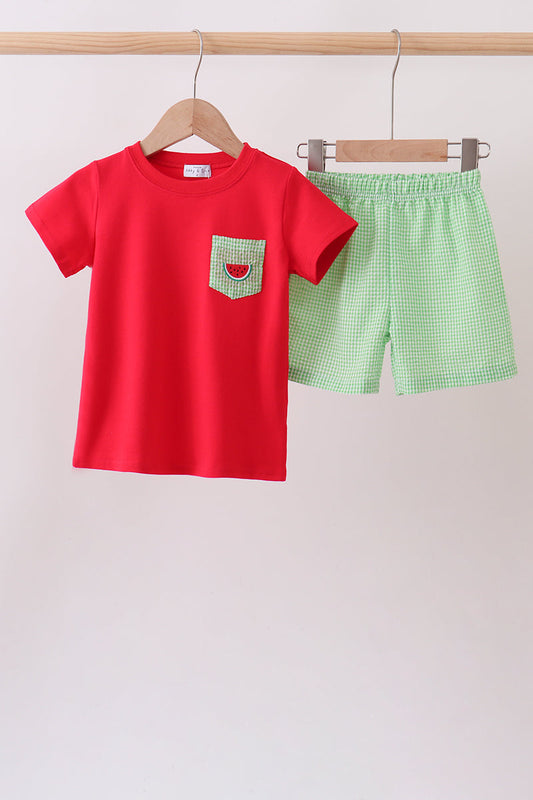 Red watermelon embroidery shorts set