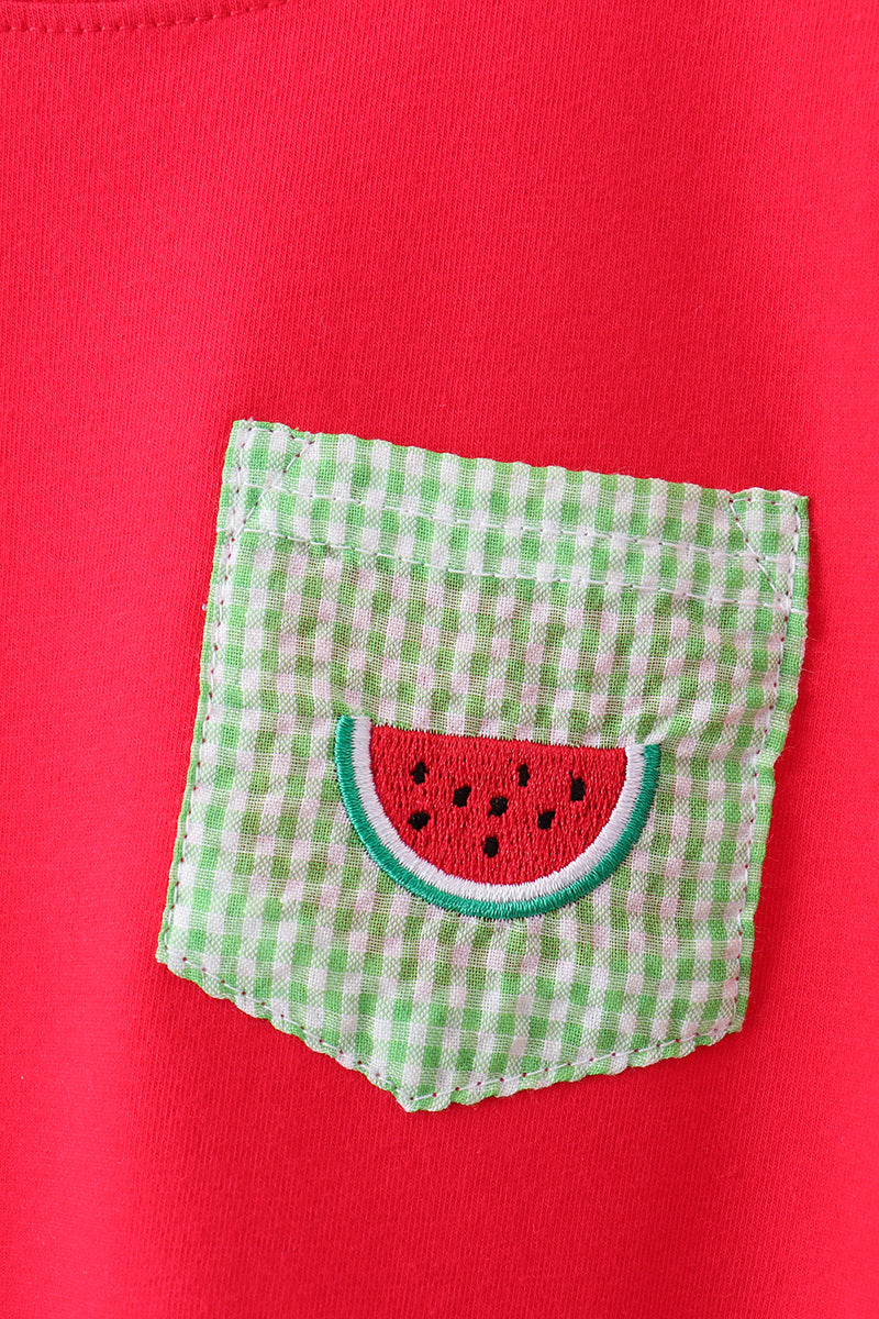 Red watermelon embroidery shorts set