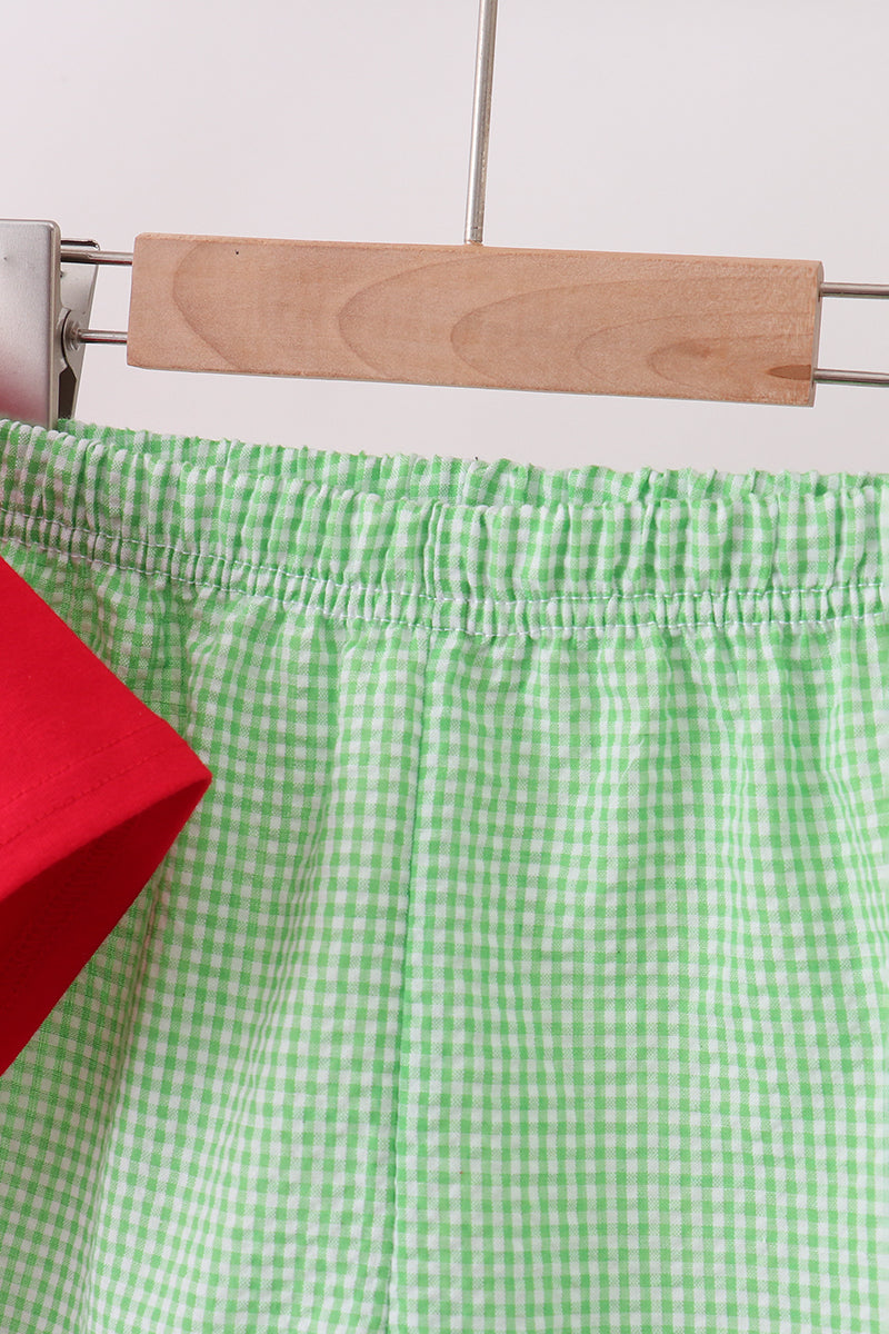 Red watermelon embroidery shorts set