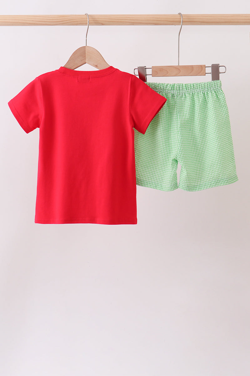 Red watermelon embroidery shorts set