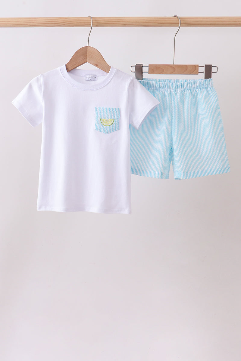Blue lemon embroidery shorts set