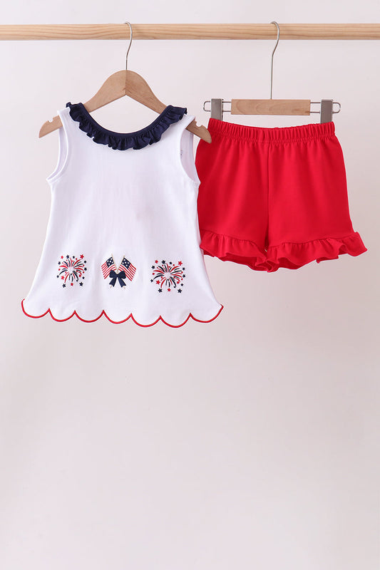 Red flag fireworks embroidery ruffle shorts set