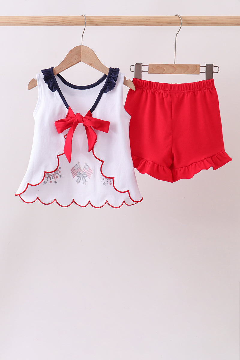 Red flag fireworks embroidery ruffle shorts set