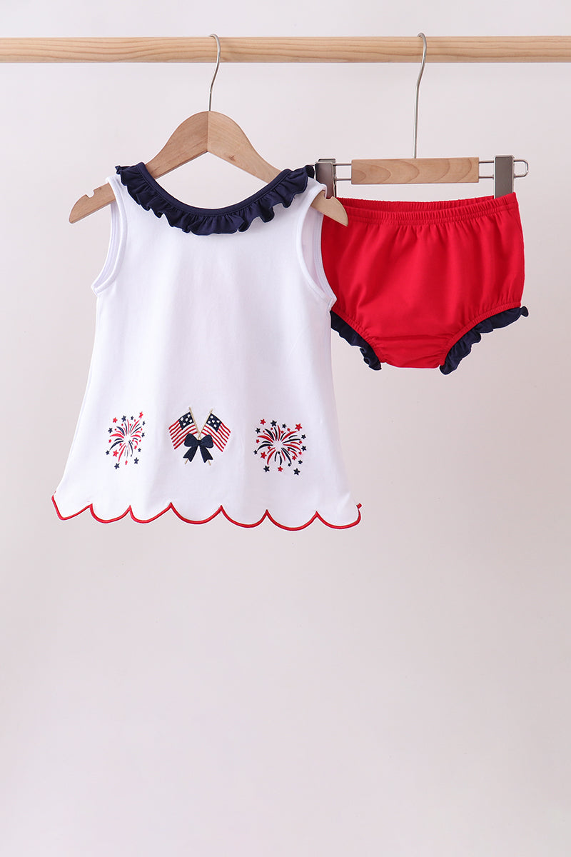 Red flag fireworks embroidery ruffle bloomer set